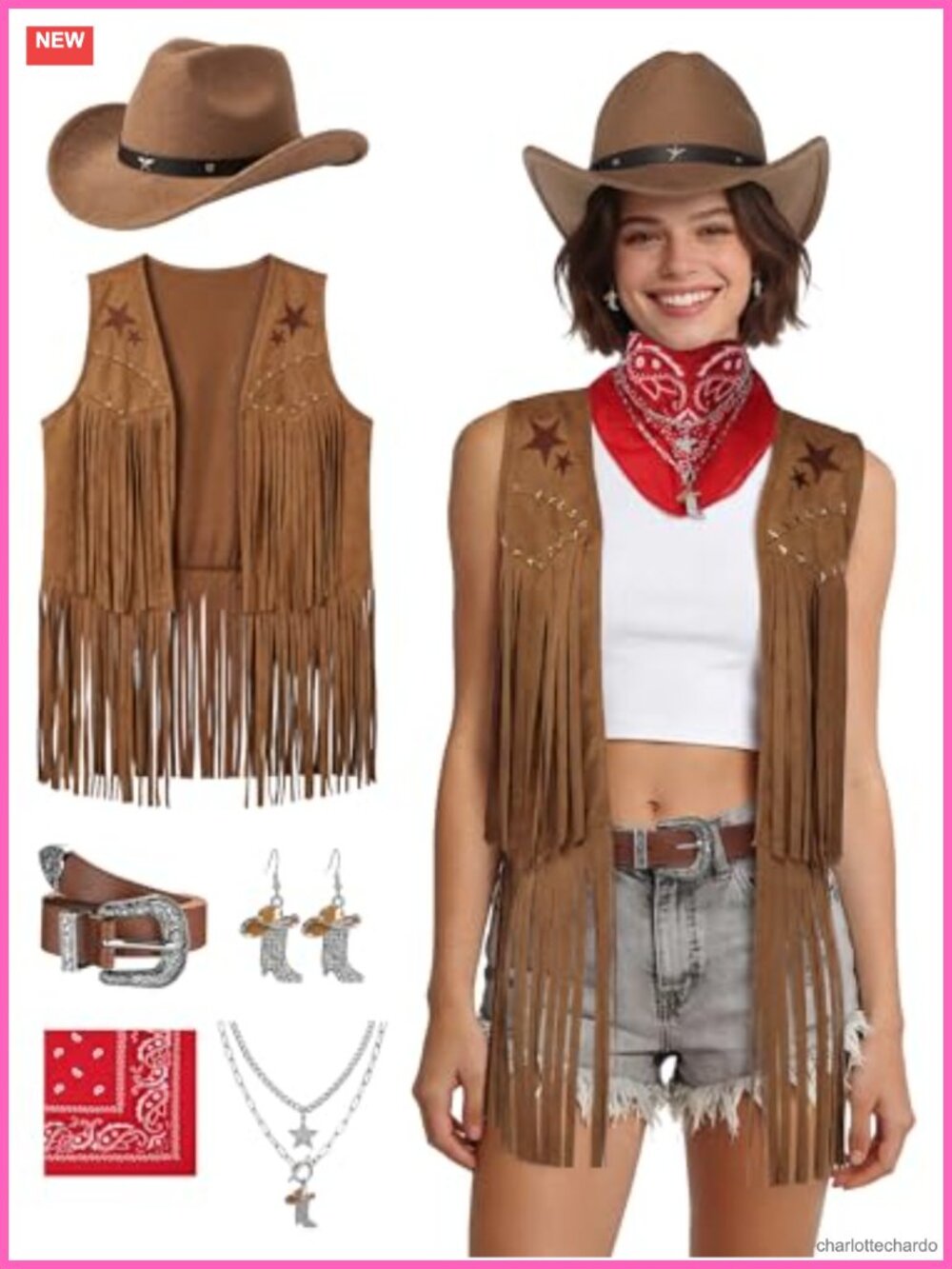 7Pc Cowgirl Costume Set Tassel Vest Hat Belt Bandana Western Cosplay